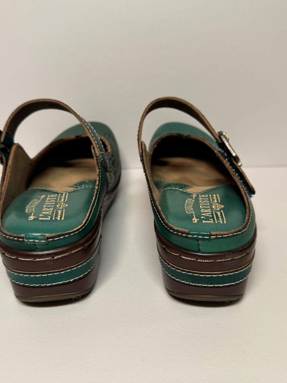 L’Artiste Aneira Green Leather Mary Jane Clogs EU 37 Boho Comfort Clogs - Picture 6 of 13